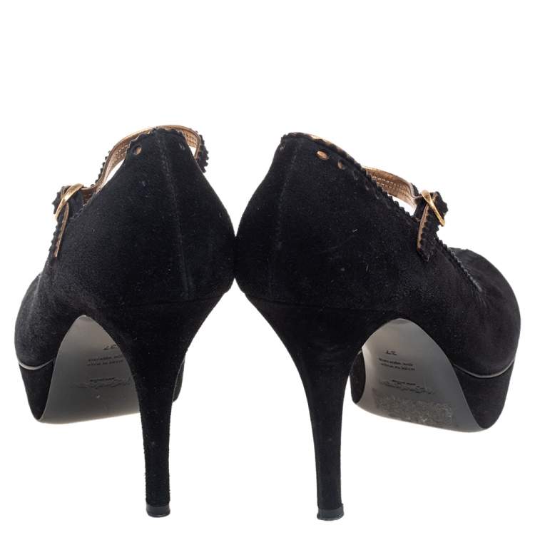 Pre Owned Saint Laurent Black/Gold Brogue Suede and Leather Platform Pumps Size 37