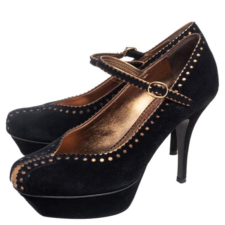 Pre Owned Saint Laurent Black/Gold Brogue Suede and Leather Platform Pumps Size 37