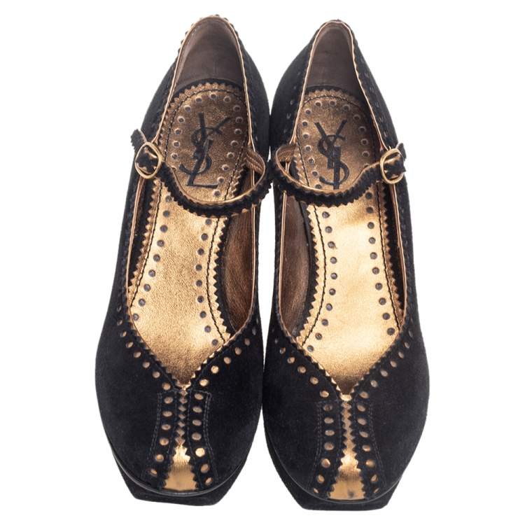 Pre Owned Saint Laurent Black/Gold Brogue Suede and Leather Platform Pumps Size 37