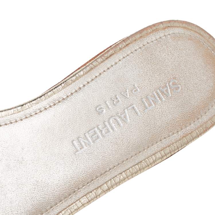 Pre Owned Saint Laurent Gold Textured Leather Tribute Flat Slides Size 35