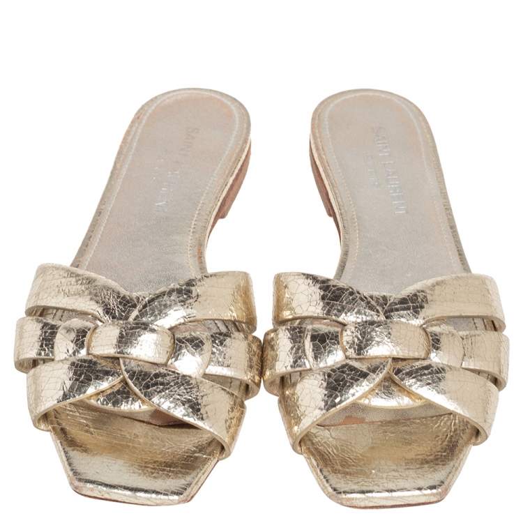 Pre Owned Saint Laurent Gold Textured Leather Tribute Flat Slides Size 35