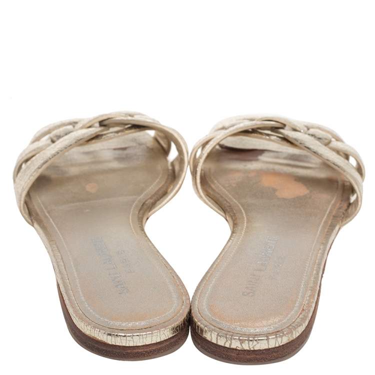 Pre Owned Saint Laurent Gold Textured Leather Tribute Flat Slides Size 35