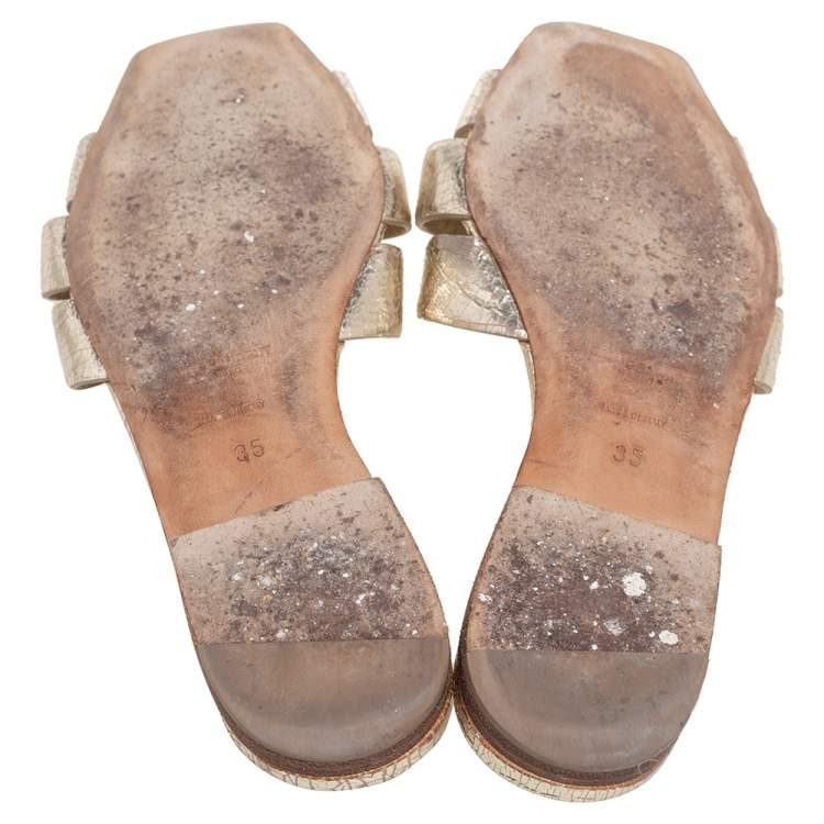 Pre Owned Saint Laurent Gold Textured Leather Tribute Flat Slides Size 35