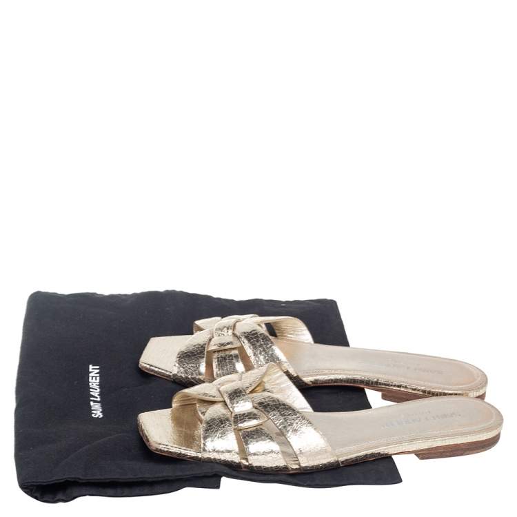 Pre Owned Saint Laurent Gold Textured Leather Tribute Flat Slides Size 35
