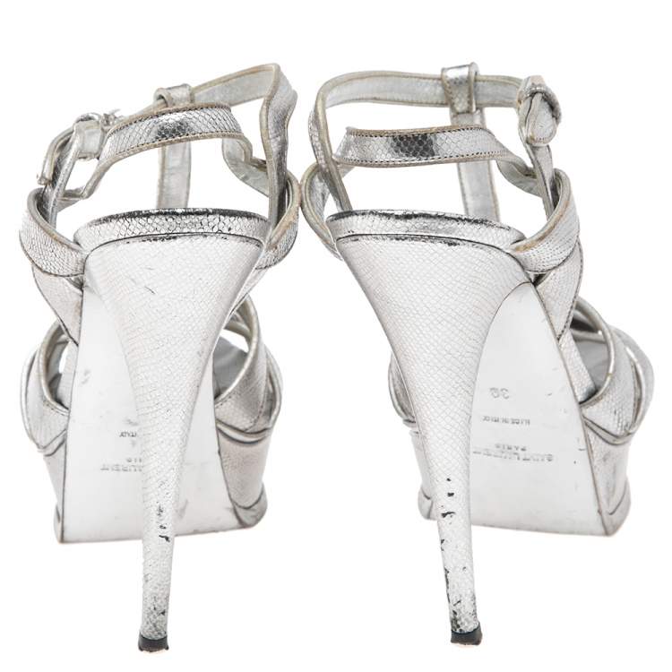 Pre Owned Saint Laurent Silver Lizard Embossed Leather Tribute Platform Ankle-Strap Sandals Size 39 