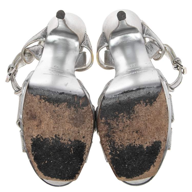 Pre Owned Saint Laurent Silver Lizard Embossed Leather Tribute Platform Ankle-Strap Sandals Size 39 