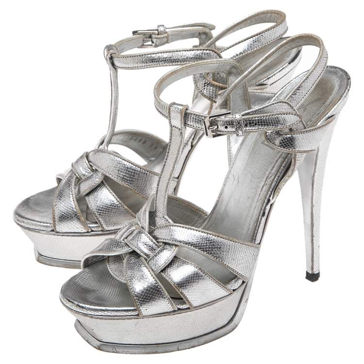 Pre Owned Saint Laurent Silver Lizard Embossed Leather Tribute Platform Ankle-Strap Sandals Size 39 