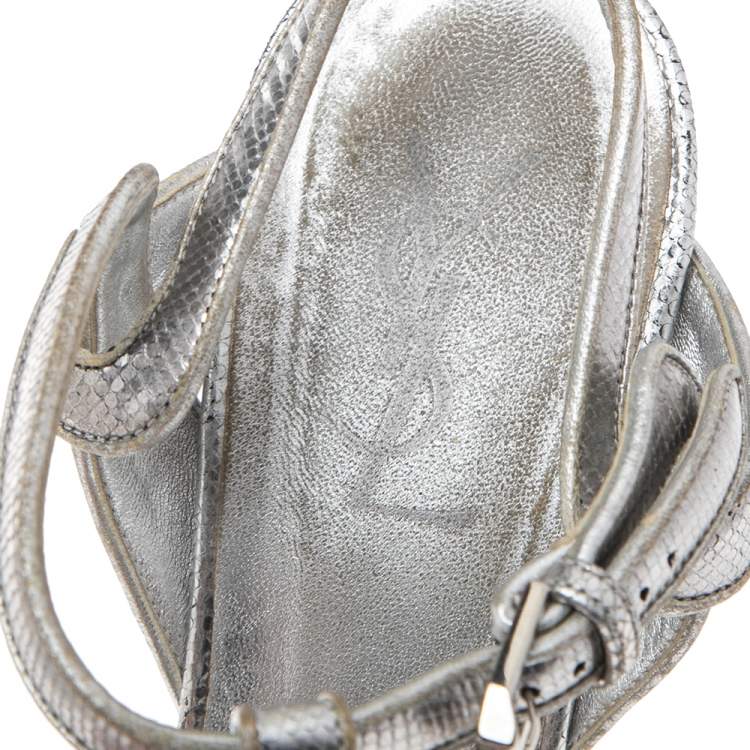 Pre Owned Saint Laurent Silver Lizard Embossed Leather Tribute Platform Ankle-Strap Sandals Size 39 