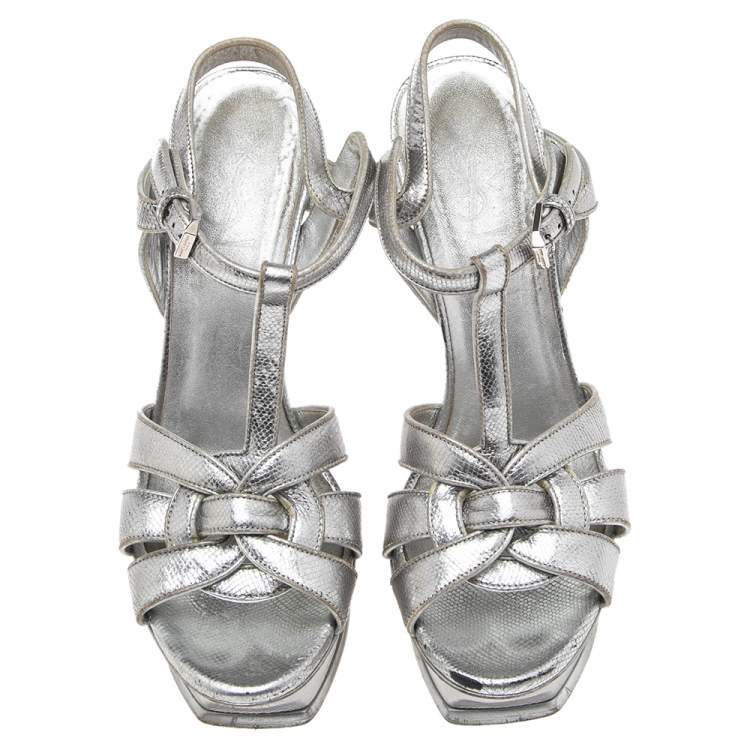 Pre Owned Saint Laurent Silver Lizard Embossed Leather Tribute Platform Ankle-Strap Sandals Size 39 