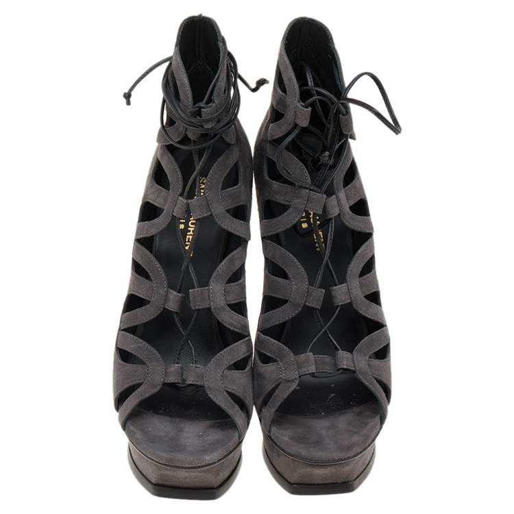 Pre Owned Saint Laurent Grey Suede Tribute 16 Gladiator Platform Sandals Size 39