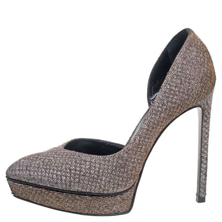 Pre Owned Saint Laurent Brown Lurex Fabric Pointed Toe Platform Pumps Size 37