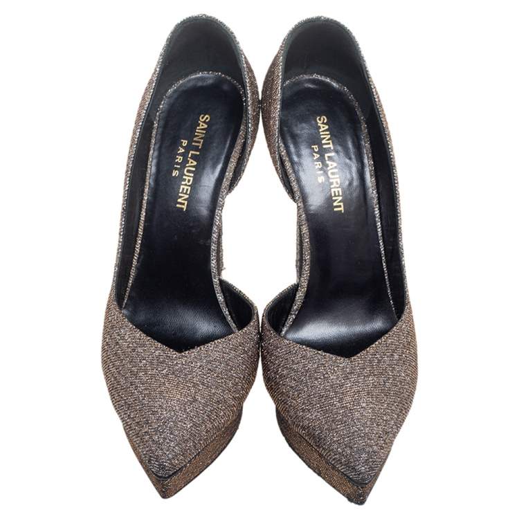 Pre Owned Saint Laurent Brown Lurex Fabric Pointed Toe Platform Pumps Size 37