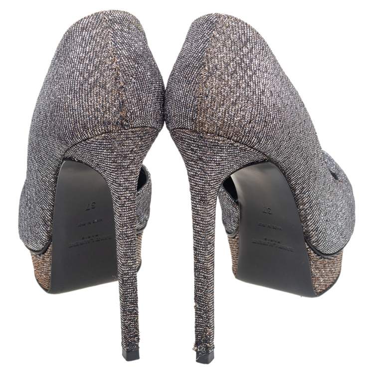 Pre Owned Saint Laurent Brown Lurex Fabric Pointed Toe Platform Pumps Size 37