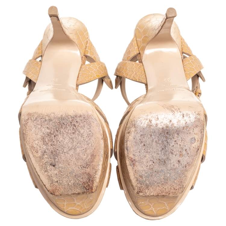 Pre Owned Saint Laurent Beige Croc Embossed Leather Tribute Sandals Size 39