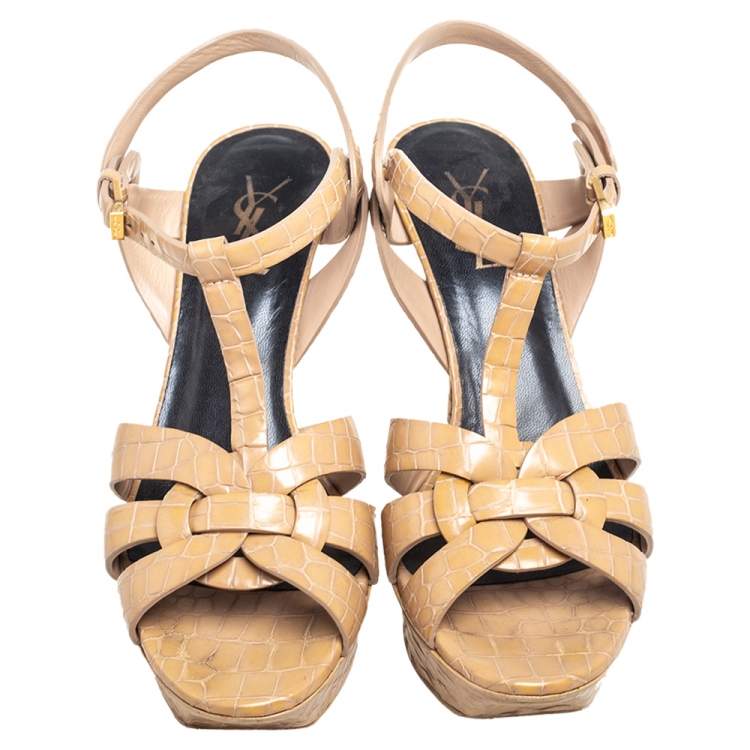 Pre Owned Saint Laurent Beige Croc Embossed Leather Tribute Sandals Size 39