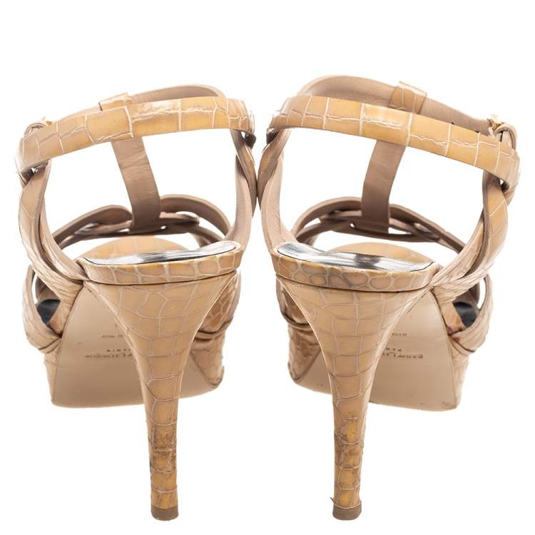 Pre Owned Saint Laurent Beige Croc Embossed Leather Tribute Sandals Size 39