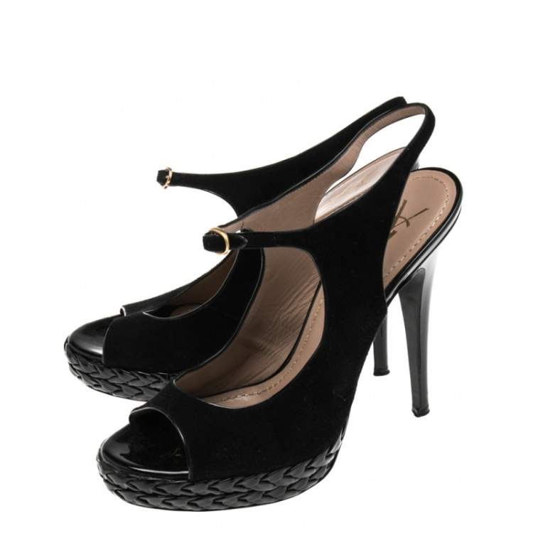 Pre Owned Saint Laurent Black Suede And Patent Ankle Strap Platform Sandals Size 39