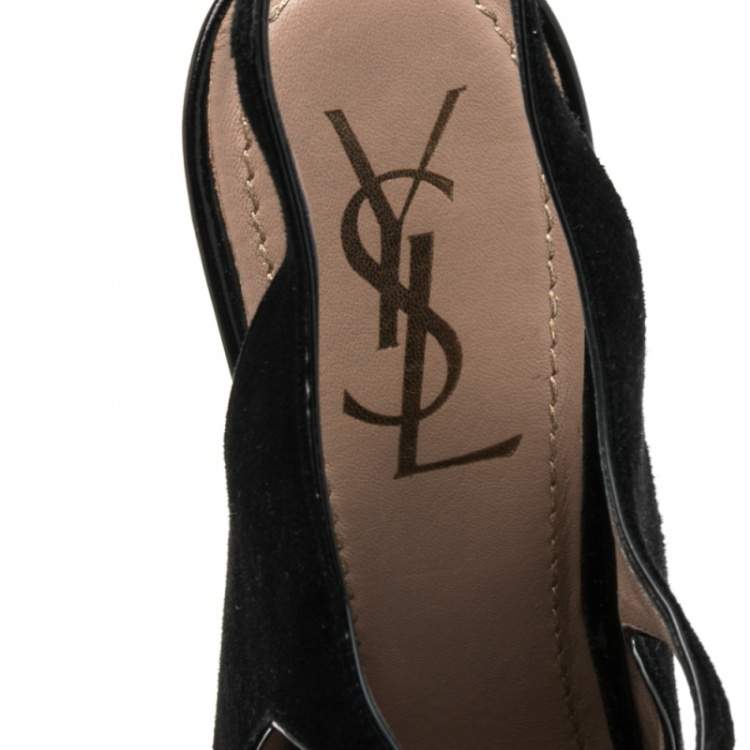 Pre Owned Saint Laurent Black Suede And Patent Ankle Strap Platform Sandals Size 39