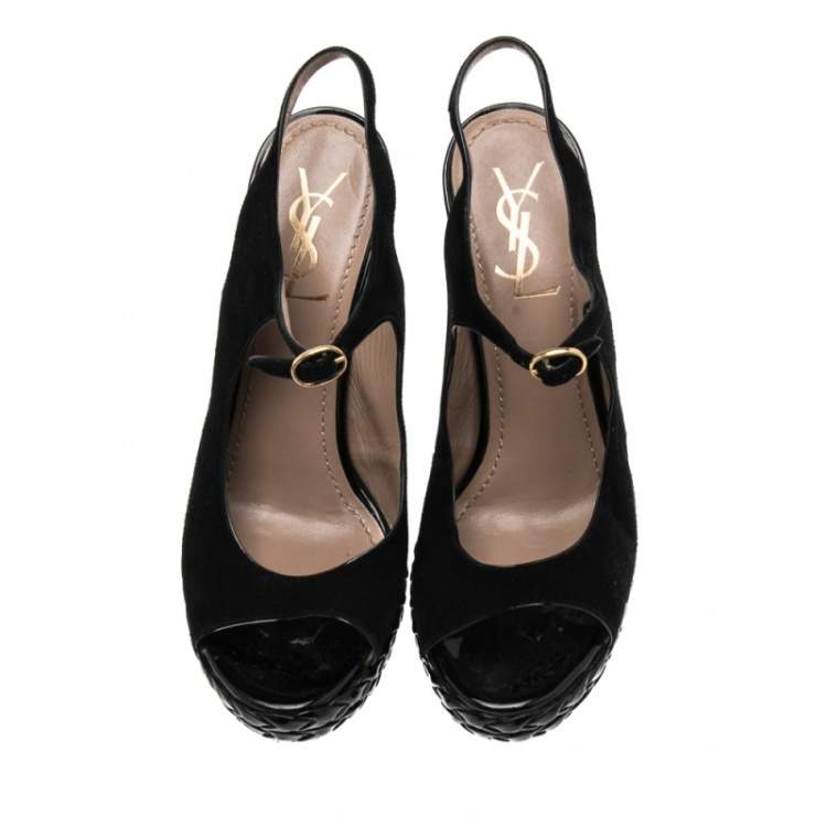 Pre Owned Saint Laurent Black Suede And Patent Ankle Strap Platform Sandals Size 39