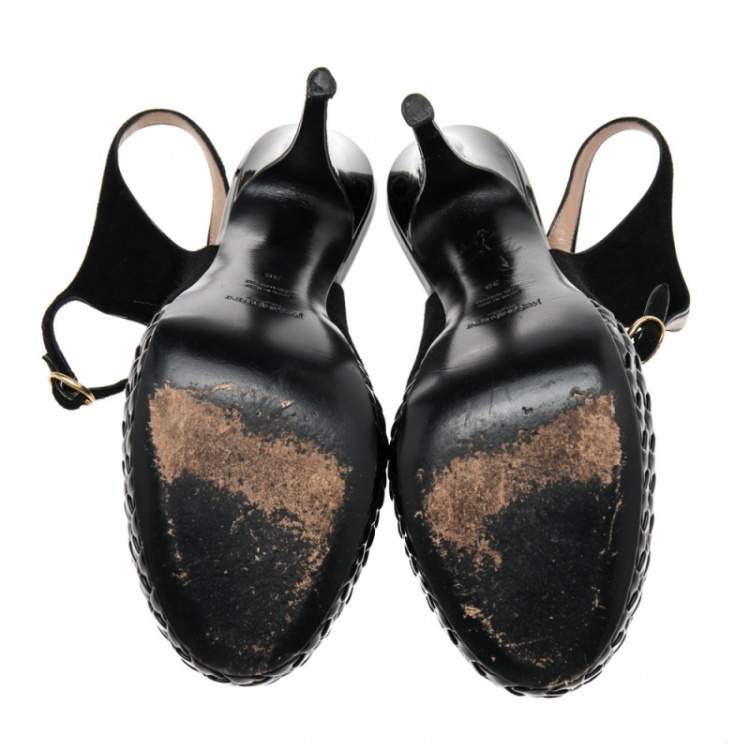 Pre Owned Saint Laurent Black Suede And Patent Ankle Strap Platform Sandals Size 39
