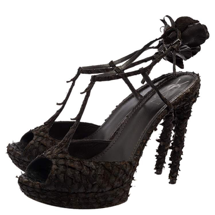 Pre Owned Saint Laurent Dark Brown Python Platform Sandals Size 41