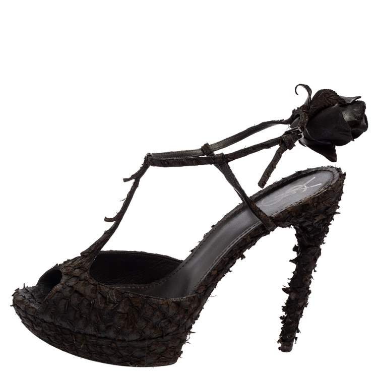 Pre Owned Saint Laurent Dark Brown Python Platform Sandals Size 41