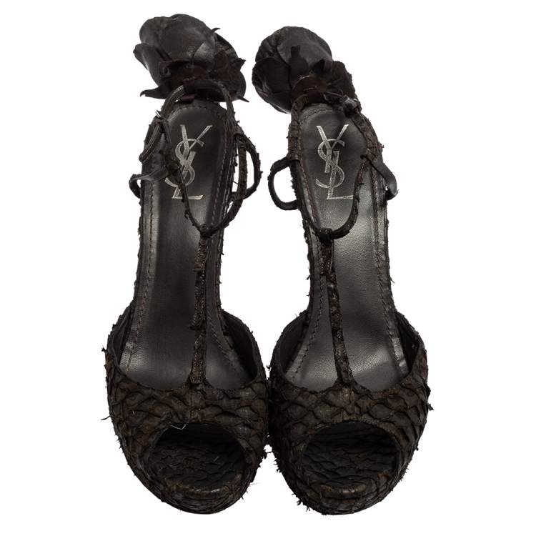 Pre Owned Saint Laurent Dark Brown Python Platform Sandals Size 41