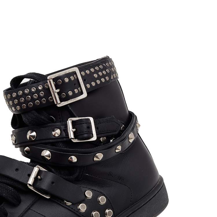 Pre Owned Saint Laurent Black Leather SL/16H Studded High Top Sneakers Size 38.5