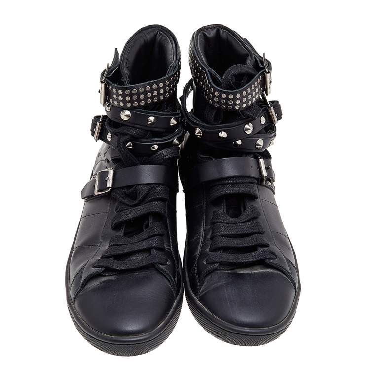 Pre Owned Saint Laurent Black Leather SL/16H Studded High Top Sneakers Size 38.5