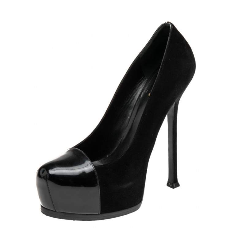 Pre Owned Saint Laurent Black Suede and Patent Leather Tribtoo Platform Pumps Size 38.5