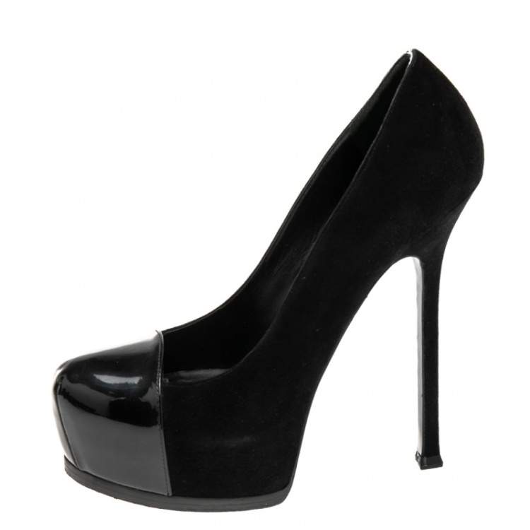 Pre Owned Saint Laurent Black Suede and Patent Leather Tribtoo Platform Pumps Size 38.5