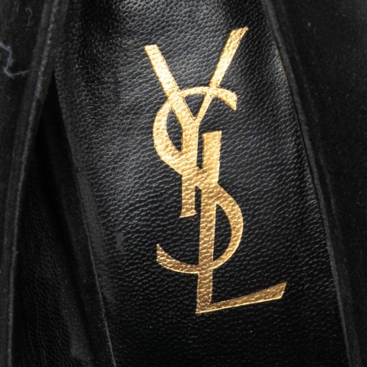 Pre Owned Saint Laurent Black Suede and Patent Leather Tribtoo Platform Pumps Size 38.5