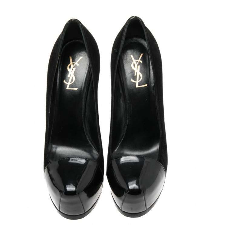 Pre Owned Saint Laurent Black Suede and Patent Leather Tribtoo Platform Pumps Size 38.5