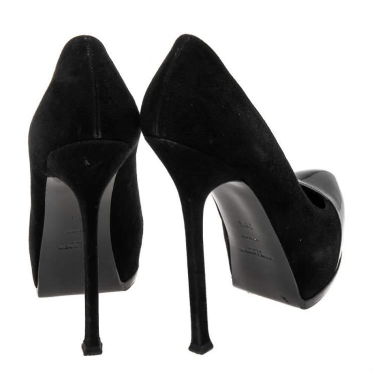 Pre Owned Saint Laurent Black Suede and Patent Leather Tribtoo Platform Pumps Size 38.5