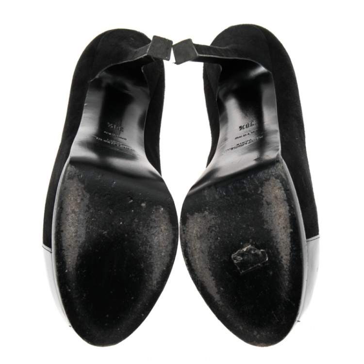 Pre Owned Saint Laurent Black Suede and Patent Leather Tribtoo Platform Pumps Size 38.5