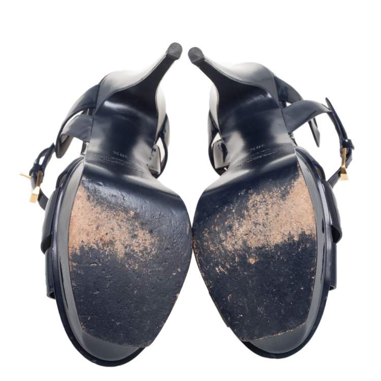 Pre Owned Saint Laurent  Navy Blue Patent Leather Tribute Pumps Size 38.5