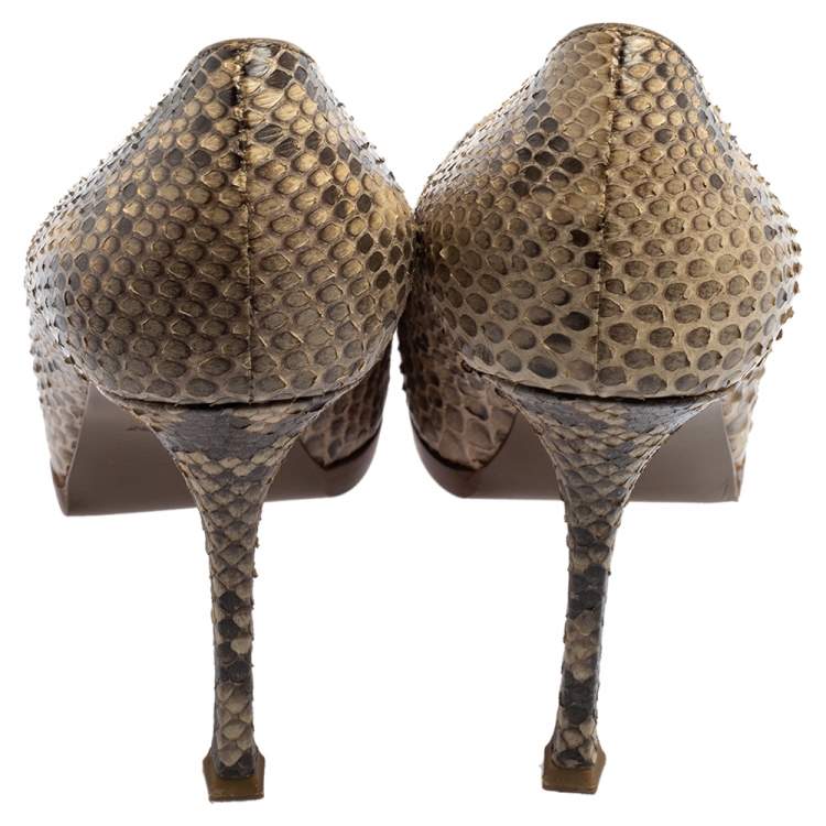 Pre Owned Saint Laurent Beige/Black Python Leather Tribtoo Platform Pumps Size 39