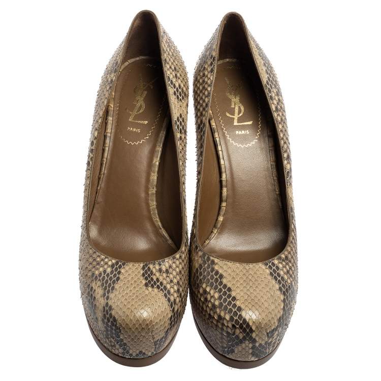 Pre Owned Saint Laurent Beige/Black Python Leather Tribtoo Platform Pumps Size 39