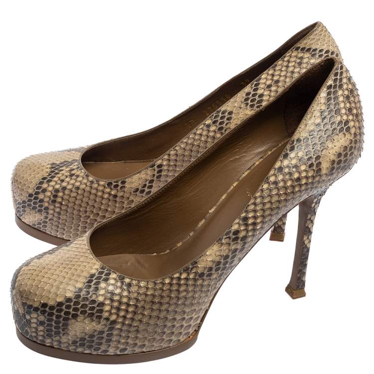 Pre Owned Saint Laurent Beige/Black Python Leather Tribtoo Platform Pumps Size 39
