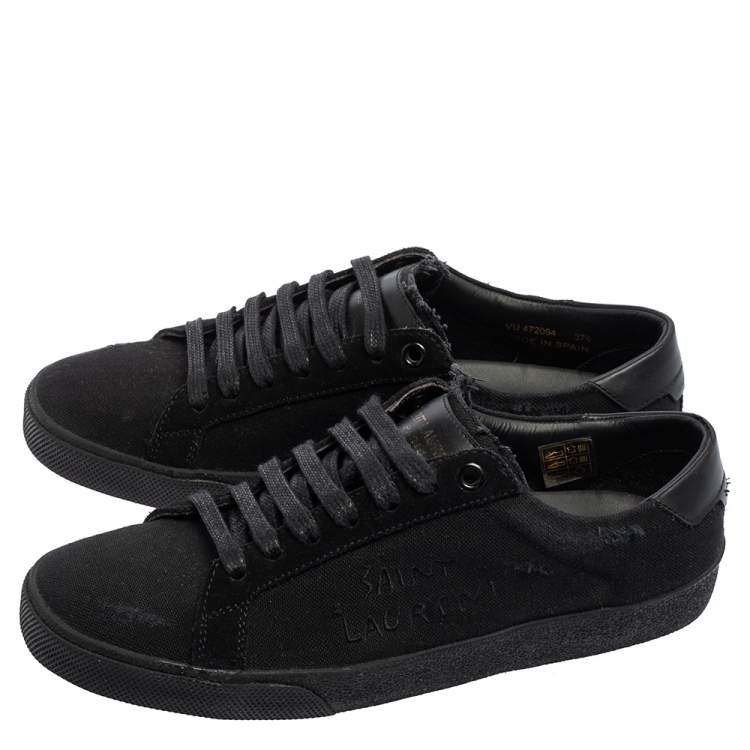 Pre Owned Saint Laurent Black Canvas And Leather Court Classic Logo Sneakers Size 37.5