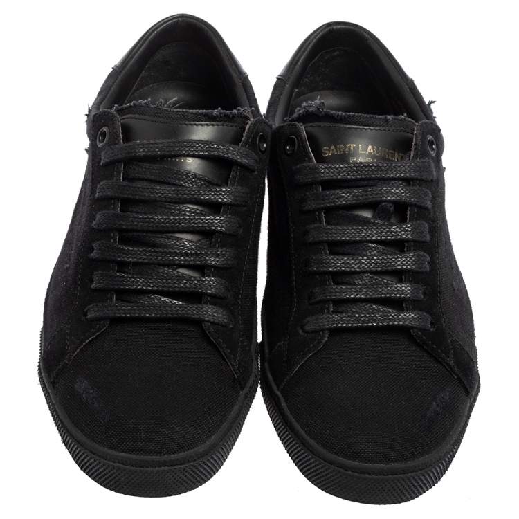 Pre Owned Saint Laurent Black Canvas And Leather Court Classic Logo Sneakers Size 37.5