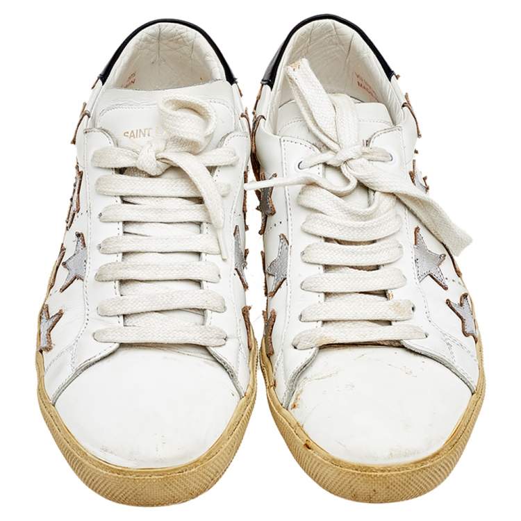 Pre Owned Saint Laurent White/Silver Leather Court Classic Star Low Top Sneakers Size 37.5