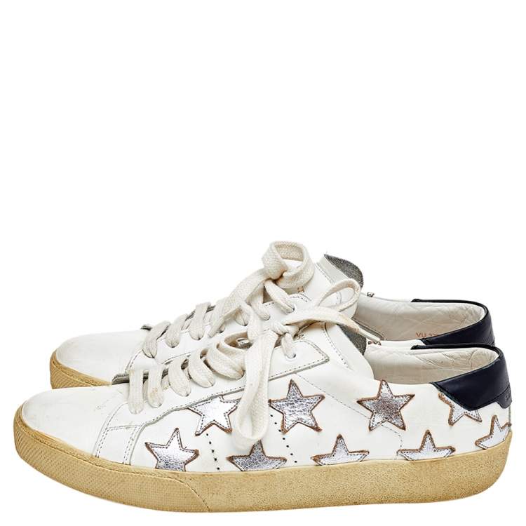 Pre Owned Saint Laurent White/Silver Leather Court Classic Star Low Top Sneakers Size 37.5