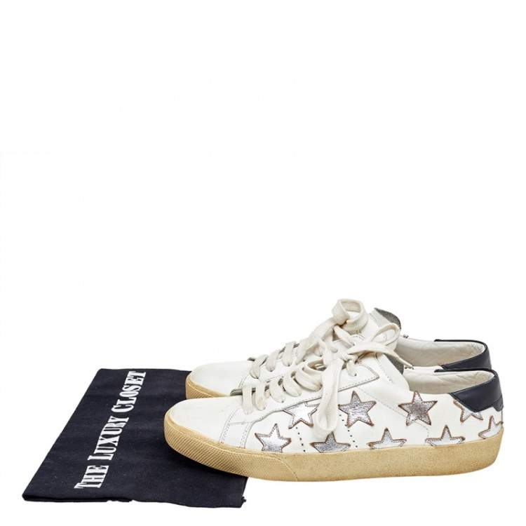 Pre Owned Saint Laurent White/Silver Leather Court Classic Star Low Top Sneakers Size 37.5