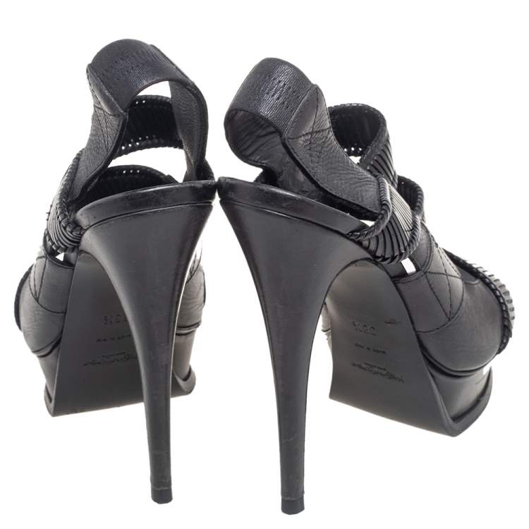 Pre Owned Saint Laurent Black Leather Strappy Slingback Sandals Size 38.5