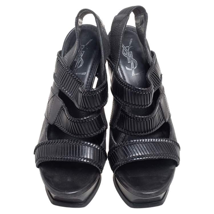 Pre Owned Saint Laurent Black Leather Strappy Slingback Sandals Size 38.5