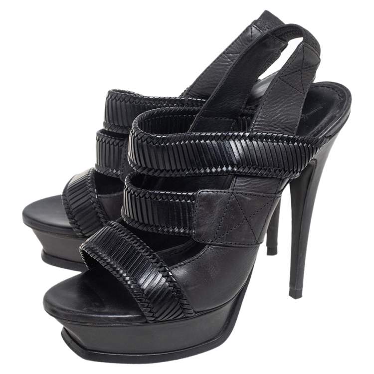 Pre Owned Saint Laurent Black Leather Strappy Slingback Sandals Size 38.5