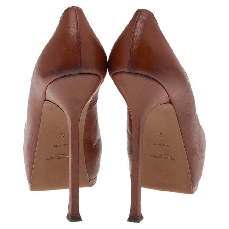 Pre Owned Saint Laurent Brown Leather Tribtoo Platform Pumps Size 37