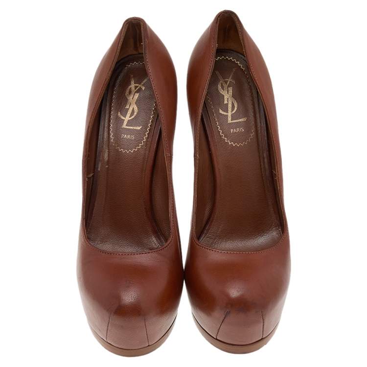 Pre Owned Saint Laurent Brown Leather Tribtoo Platform Pumps Size 37