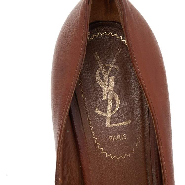 Pre Owned Saint Laurent Brown Leather Tribtoo Platform Pumps Size 37